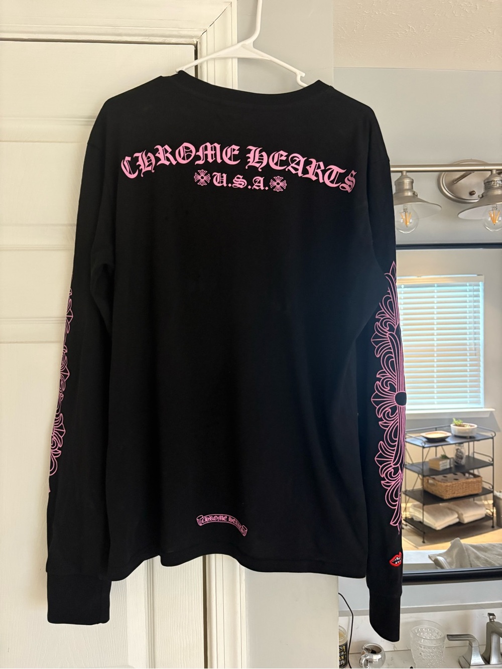 Chrome Hearts Black Long Sleeve Shirt with Pink Gothic Sleeve Motif